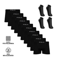Kit 10 Cuecas Boxer Polo Star Microfibra Preto + 4 Pares Meias Up Cano Curto